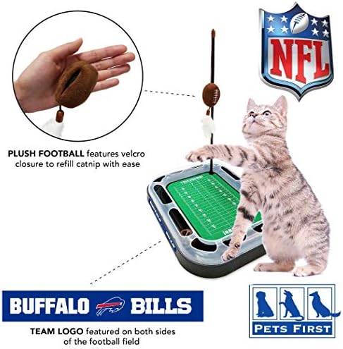 Pets First NFL Buffalo Bills Football Field CAT Scratcher Toy with Catnip Filled Plush Football Toy & Feather Cat Toy Hanging, with Jingle Bell Interactive Ball Cat Chasing 5-in-1 Kitty Toy