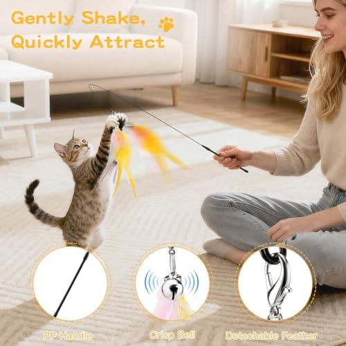 Pawaboo Cat Feather Wand Interactive Toy, 2 Feathers + 1 Wand with Bell