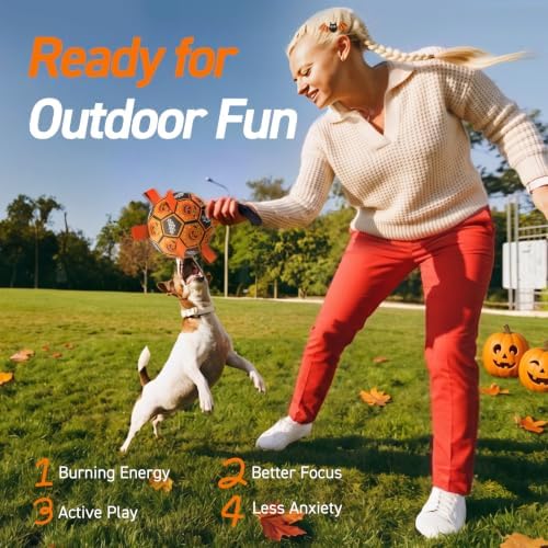 QDAN Halloween Dog Toys, Soccer Balls with Straps, 8 Inch Interactive Toys | Large Dog Herding Balls for Tug of War, Durable Ropes Toys for 30-90 lbs Dogs, Outside Training Chase Toy, Puppy Birthday