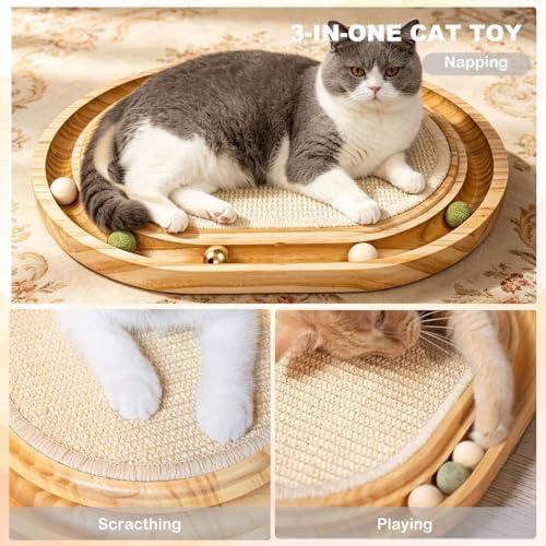 Cat Scratcher Toy with Ball Track, Kitten Interactive Toy, Natural Sisal Cat Scratch Pad for Indoor Cats, Sturdy Solid Wood Frame, Physical Exercise for Kitty & Medium Cat
