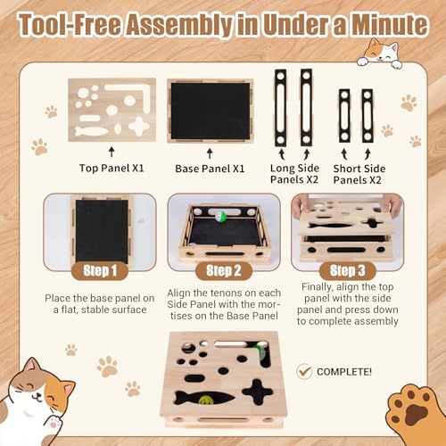 Cat Scratch Puzzle Enrichment Box, Wood Interactive Cat Toy with Sandpaper