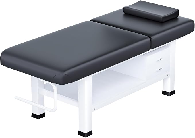 Heavy Duty Frame Professional Massage Table with Adjustable Backrest & Height Legs & Face Pillow, PU Leather, for Treatment,Physical Therapy,Spa Facial Professional Massage (Wood/With Drawers, Black)