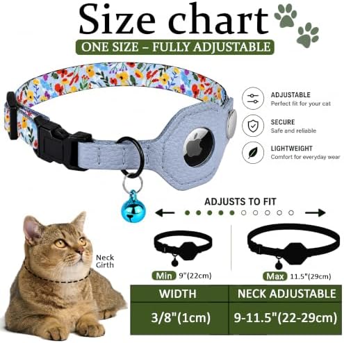 Breakaway Cat Collar with Leather AirTag Holder & Bell - Apple Air Tag Cat Collars for Girls & Boys, Lightweight Anti-Lost GPS Tracker Design, Printed Pattern - Safety and Adjustable (Floral)