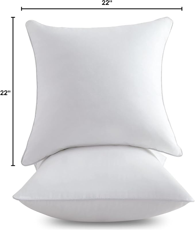 FAVRIQ 22 x 22 Pillow Inserts (Set of 2) - 22 Inch Square Interior Sofa Throw Pillow Inserts with 100% Cotton Cover - Decorative Pillow Insert White Sofa Pillow