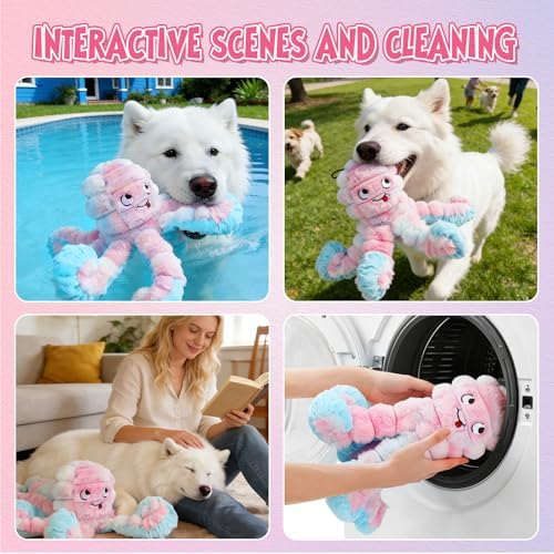 Tough Octopus Dog Toy, Interactive Squeaky & Crinkle Tug of War Toy for Aggressive Chewers, Large Durable Plush Chew Toys to Keep Dogs Busy- Crinkle Octopus, Large (Pink)