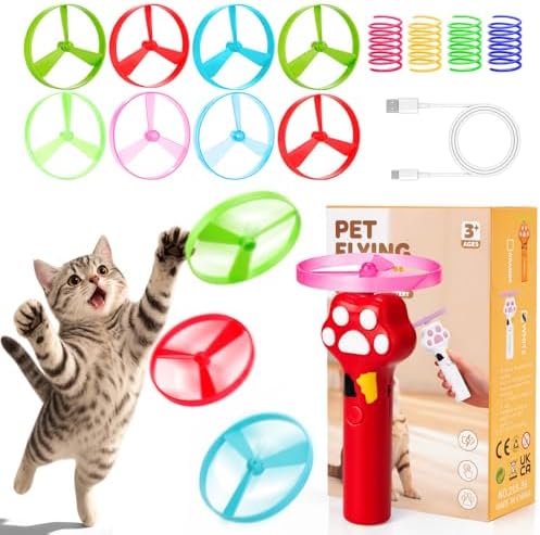 BABORUI Cat Toy Disc Launcher, Rechargeable Interactive Cat Fetch Toy Launcher with 8 Flying Discs, Flying Enrichment Toys for Indoor Bored Kittens & Adult Cats (Red)
