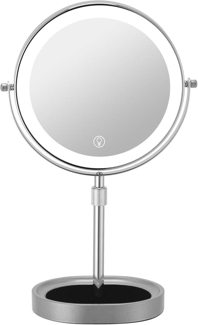 Rechargeable Adjustable-Height Lighted Vanity Mirror with 3 Color Lights, Touch Screen and Dimmable Settings 8-inch Dual-Sided 1X/10X and 360° Swivel Makeup Mirror with Jewelry Tray (Chrome)