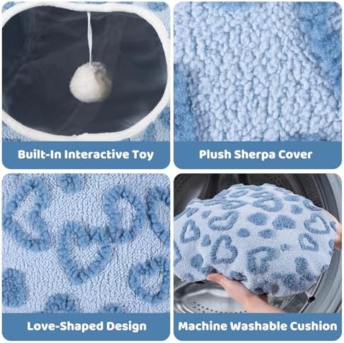 Cat Tunnel Bed, Cute Cat Tunnel Toy with Washable Cushion, Fits Indoor Cats up to 25 lbs, Cute Peekaboo Cave Pet Bed for Kittens, Rabbits, Blue Heart