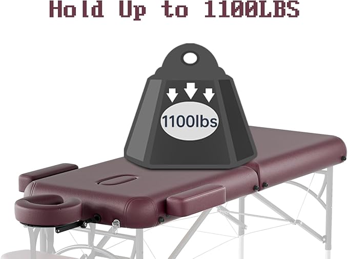 Professional Massage Table Portable 2 Fold Premium Memory Foam Aluminium Leg Hold Up to 1100LBS 8 Heights Adjustable with Carrying Bag Burgundy