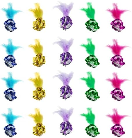 SunGrow Mylar Crinkle Balls with Feathers, 2.5-Inches, Shiny Stress Buster Crinkler, Suitable for Multiple Cats' Engagement, Ideal for Kittens and Grown-up Cats, 20-Pcs