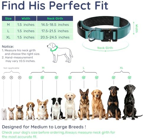 Premium Tactical Dog Collar - Adjustable Military Heavy Duty Dog Collar for Medium Large Dogs - Durable Metal Buckle Dog Collar with Leather Control Handle and Soft Comfortable Padding