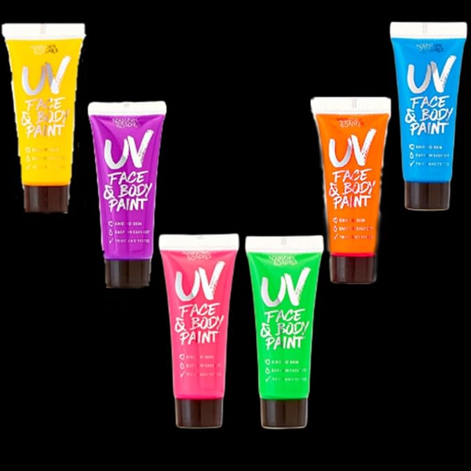 UV Face and Body Paint 10ml - 6 Pack - Neon Glow in the Dark Body Paint for Adults - Non Toxic, Vivid UV Reactive Makeup for Blacklight Parties & Events, Moisturizing Formula, by Splashes & Spills