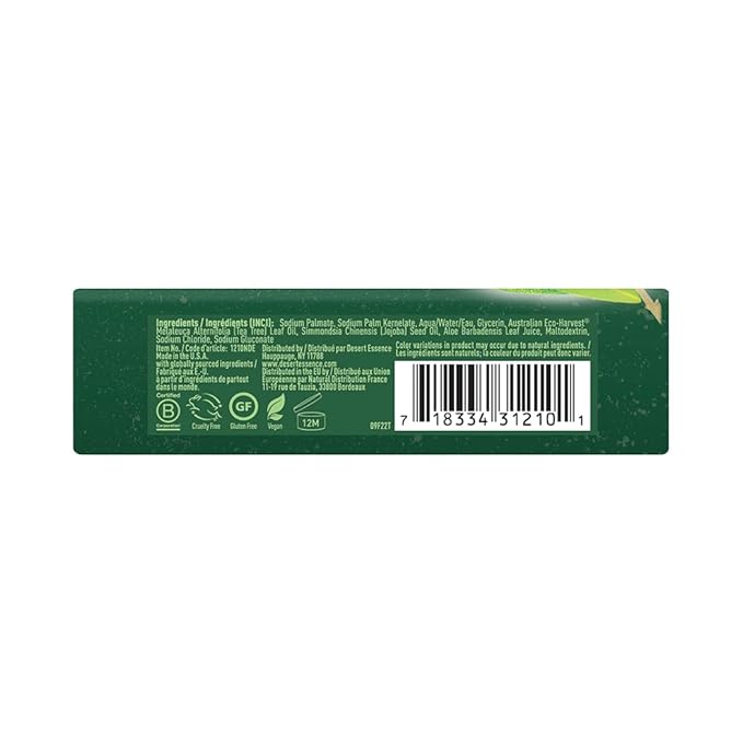 Desert Essence Tea Tree Therapy Cleansing Soap Bar - Botanically-Based with Sustainable Palm Oil, Eco-Harvest® Tea Tree, Jojoba Oil, Aloe – Safe for Sensitive Skin, Face & Body, Vegan, Cruelty-Free