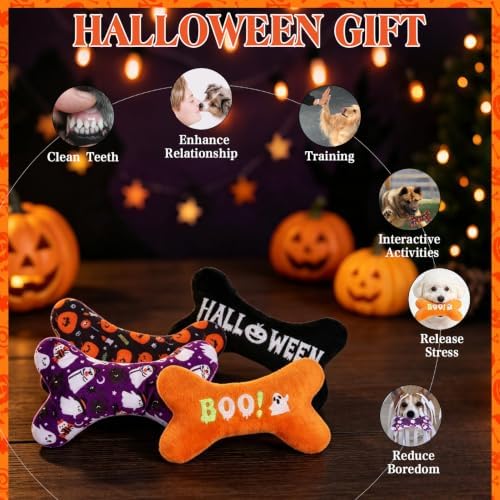 EXPAWLORER 4 Pack Halloween Dog Squeaky Toys,Interactive Plush Bone Toy
