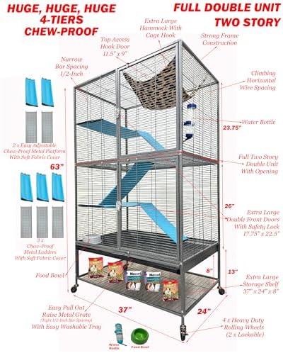 XX-Large 37"x24"x63"H Two Full Story Deluxe Double Unit Critter Cage Extra Large Double Large Front Doors Tight 1/2-inch Wire Spacing for Feisty Ferret Hammock Chinchilla Cat Sugar Glider On Wheels