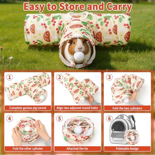 Rypet Guinea Pig Tunnel Hideout 3-Way Collapsible Small Pet Tubes, Cherry