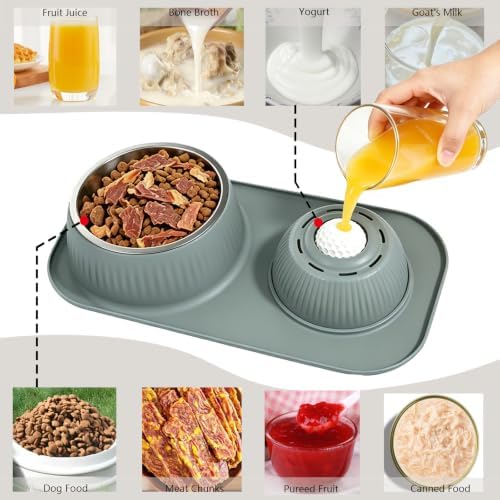 Slow Feeder Dog Bowls Set 2 in 1,Anti-Slip Dog Lick Bowl with Rolling Ball,Interactive Slow Eating Toy for Liquid and Thick Treat,Dog Licking Toy for Large Medium Small Dogs and Cats.(Gray)