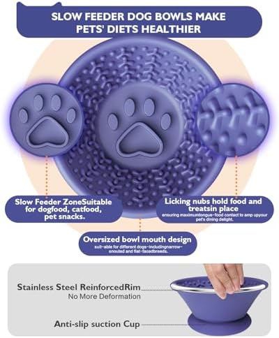 Dog Lick Bowl, Non-Slip Slow Feeder Licking Mat & Treat Dispenser (Wide Bowl Mouth w/Inlaid Stainless Steel Ring) - Interactive Toys, Anxiety Reducer, Freeze Bone for Dogs, BPA Free Silicone