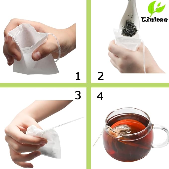 Tea Filter bags, safe and natural material, disposable tea infuser, empty tea bag with drawstring for loose leaf tea, set of 100（3.15 x 3.94 inch ） (Initial)