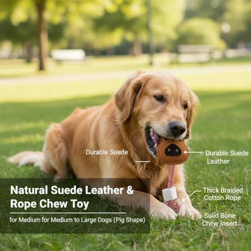 Pig Shape Dog Rope Toy with Natural Suede Leather, Interactive Tug and Chew Toy for Medium and Large Dogs, Knotted Cotton Rope for Teething, Fetch and Daily Indoor Play