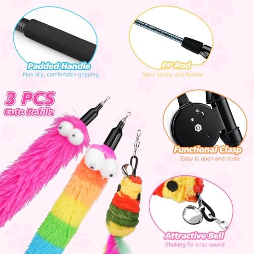 Pawaboo Cat Teaser Wand Toys, Cat Fishing Pole Toy with 3 PCS Feathers