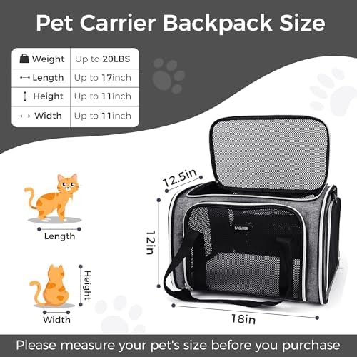 BAGLHER Pet Travel Carrier, Cat Carriers Dog Carrier for Small Medium Cats Dogs Puppies, Airline Approved Small Dog Carrier Soft Sided, Collapsible Puppy Carrier. Grey