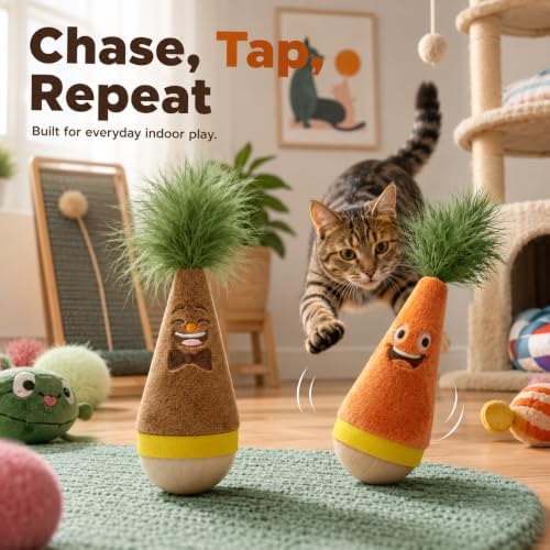 2 Pack Wooden Wobble Plush Feather Cat Toy for Interactive Play