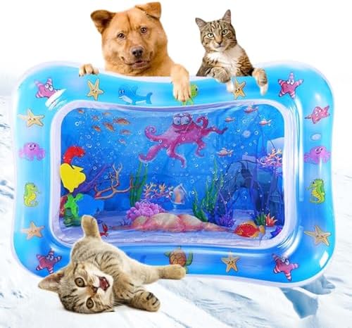 Pet Water Sensory Mat, Floating Fish Interactive TPU Thickened Water Bed Cooling Pad, Anti-Scratch Water Filled Play Matfor Cats Dogs Kittens Puppies Pets in Summer (Rectangle C)