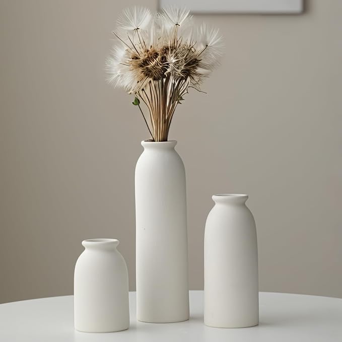 10.6 inches Tall Decorative Ceramic Vase Set, 3 Pieces, Nordic Modern Boho Style, White, for Home Decor (L White)