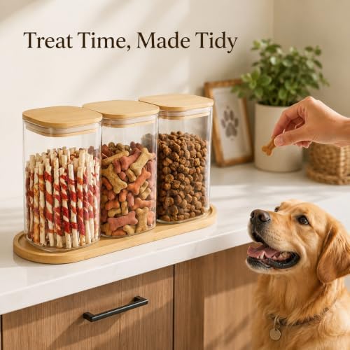 Dog Treat Container, Large Dog Treats Container, Farmhouse Wood Pet Treats Storage Organizer for Dog Food Storage Container, with 3 Glass Jars, Cat Dog Biscuit Dispenser, Great Gift for Pet Dog Owners