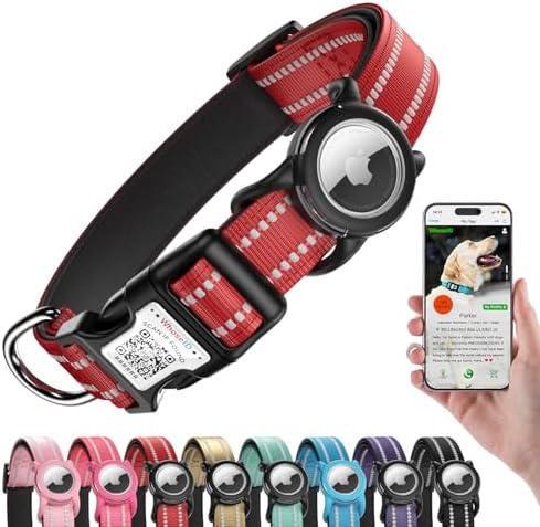 Reflective Dog Collar with AirTag Holder, IP68 Waterproof Dog Collar with QR Code, Heavy Duty Adjustable Pet Collar for Small Medium Large Dogs, Red