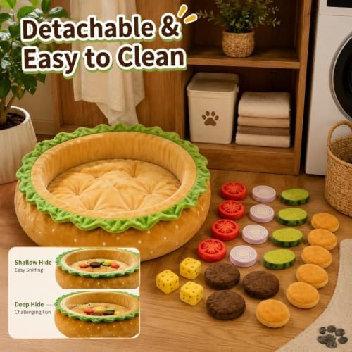 3-in-1 Hamburger Shaped Pet Bed, Funny Snuffle Mat Interactive Foraging Toy, Detachable Vegetable Food Pieces Enrichment Dog Bed, Round Pet Rest Bed for Small Medium Dogs Indoor Daily Use