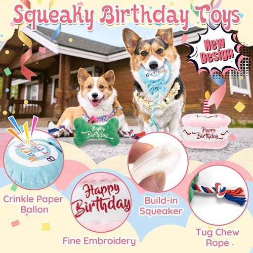 LECHONG 7Pcs Dog Birthday Toys Gifts, No-Mess Paw Print Keepsake Kit with Squeaky Dog Cake Toy, Plush Crinkle Toy, Pet-Safe Ink Pad & Photo Frame for Small Medium Dogs