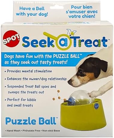 SPOT Seek-A-Treat Puzzle Ball - Treat Dispenser Puzzle Toy for Dogs, Provides Mental Stimulation and Prevents Boredom, Interactive Slow Feeder Puzzle Ball Challenges Dog to Find Treats, Non-Skid Base