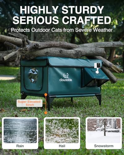 Indestructible Heated Cat House with Pet Camera for Outside Winter, 100% Waterproof, Escape Door, Insulated Outdoor Cat Shelter with Heater for Feral Barn Cat Kitty (Forest Green, 26"x16"x18")