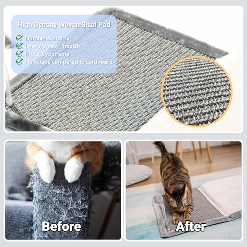 Happi N Pets Cat Scratcher Mat, 3 in 1 Foldable Sisal Mat for Small & Medium Cats, Portable Natural Scratcher with Memory Foam Bed & Interactive Toy, Rectangular, Grey