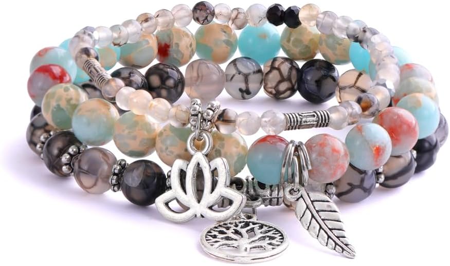 UEUC Tree of Life Yoga Healing Stone Bracelets,Multilayer Lotus Chakra Stone Reiki Bracelet Sets,Anxiety Crystal Natural Stone,for Women Stress Relief