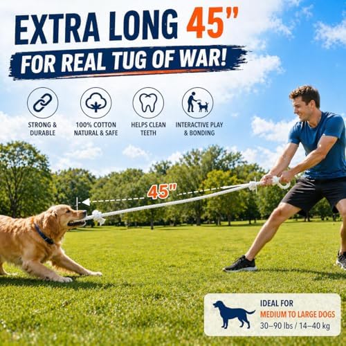 Cotton Dog Rope Toy with Dual Handles 45" Extra Long Tug Toy for Medium to Large Dogs, Durable Interactive Tug-of-War, Teeth Cleaning, Indoor Outdoor Play, White