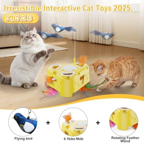Automatic Cheese-Shaped Interactive Cat Toy – Flying Bird, 6-Hole Mole & Rotating Feather | USB Rechargeable Electronic Feather Toy for Indoor Adult Cats & Kittens, Relieves Boredom