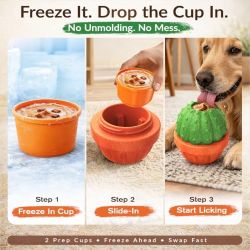 KADTC L, 3 in 1, Frozen Treat Dog Toy, Kibble Dispenser & Chew & Lick Ball | Two prep-ahead cups skip messy unmolding, swap fast and keep pets focused through grooming, nail trims, crate time and meals.