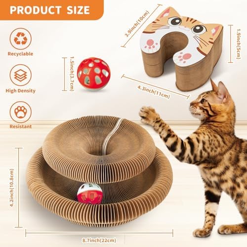 Magnetic & Reversible Cat Cardboard Scratcher, Cat Toys for Indoor Cats, Collapsible Ball Track with Bell, Interactive Cat Toys for Chasing and Scratching, for Both Adult & Kittens Cat