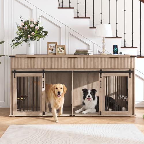 Large Dog Crate Furniture for 2 Dogs, Wood, White TV Stand with 4 Doors and 4 Storage Drawers, Removable Divider, Indoor Kennel for Medium and Large Dogs (71inch Grey Oak)
