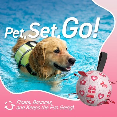 QDAN Valentines Gift Dog Toys, 8 Inch Dog Soccer Ball with Straps, Pink
