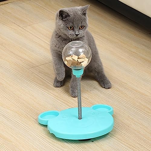 Cat Treat Dispenser Toy, Plastic Cute Bear Shape Leaky Food Circle Balls Track Feeder Toy with Spring, Aggressive Interactive Durable Safe Pet Toys for Mental Enrichment (Blue)