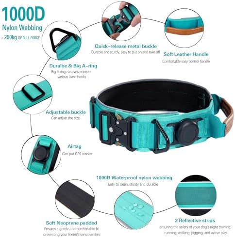 2" Tactical Dog Collar with Airtag Holder & Handle for Large Dogs (Teal)