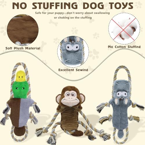 3 Pack No Stuffing Squeaky Dog Toys, Tug of War Dog Toy with Rope