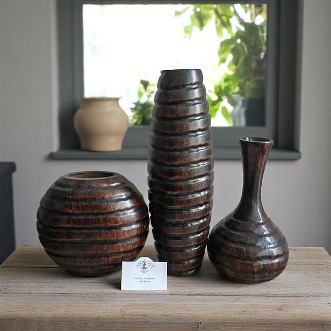 Hosley's Set of 3 Carved Wood Vases Small 6" Medium 8" and Tall 12" High. Ideal Gift for Floral Arrangements Wedding and Use for Home Office Decor Fireplace Floor Vases Spa Aromatherapy Settings