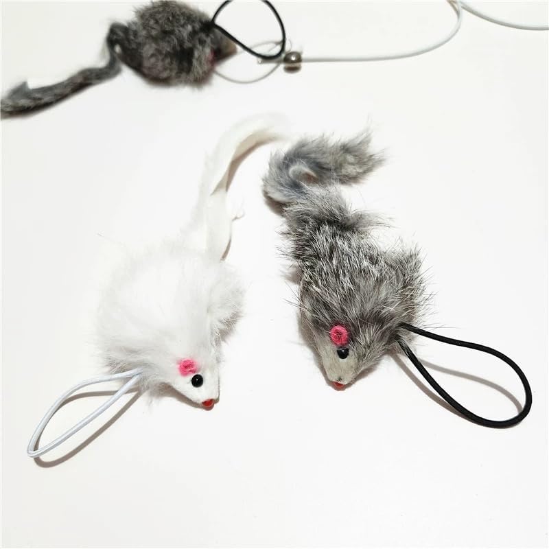 Real Rabbit Fur Mouse Cat Toy - 5 Pack with Crinkle Sound, Rattle & Rope, Extra-Wide Durable Tail, Interactive Hunting Toys for Indoor Cats (No Catnip)