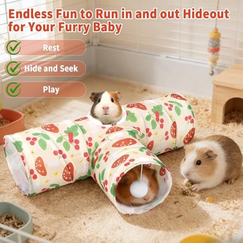 Rypet Guinea Pig Tunnel Hideout 3-Way Collapsible Small Pet Tubes, Cherry