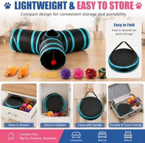 LOS ANDES 3-Way Y Cat Tunnel Toy Bundle with 8 Pcs Interactive Pet Toys for Indoor Cats Rabbits